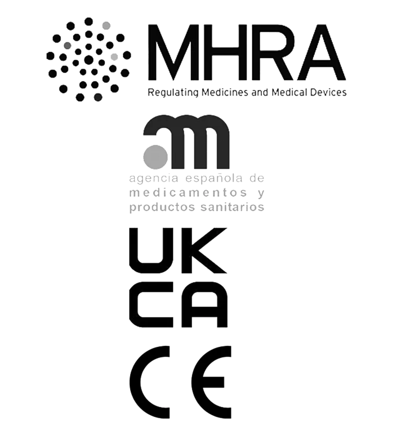 Logo der MHRA, AEMPS, UK CA und CE-Kennzeichnung